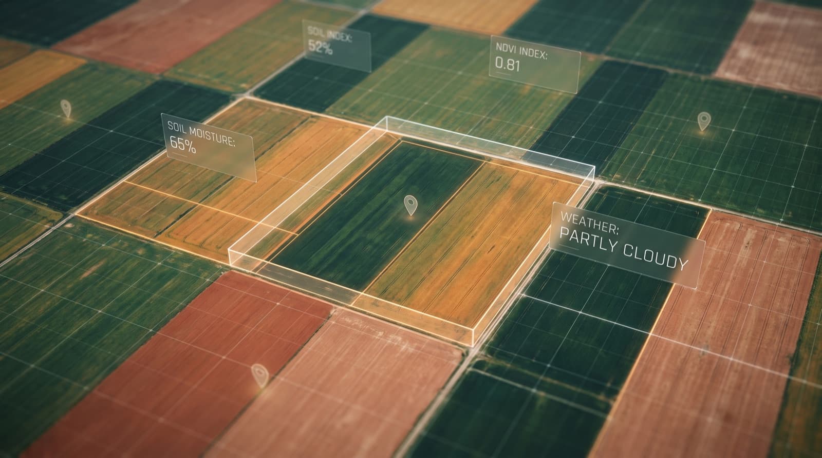 AgroAsistente concept key visual: an aerial false-color NDVI view of farmland parcels in greens, amber and clay, one parcel highlighted with floating agronomic data cards (soil moisture 65%, soil index 52%, NDVI 0.81, weather), the per-parcel geo-grounding that anchors every answer.
