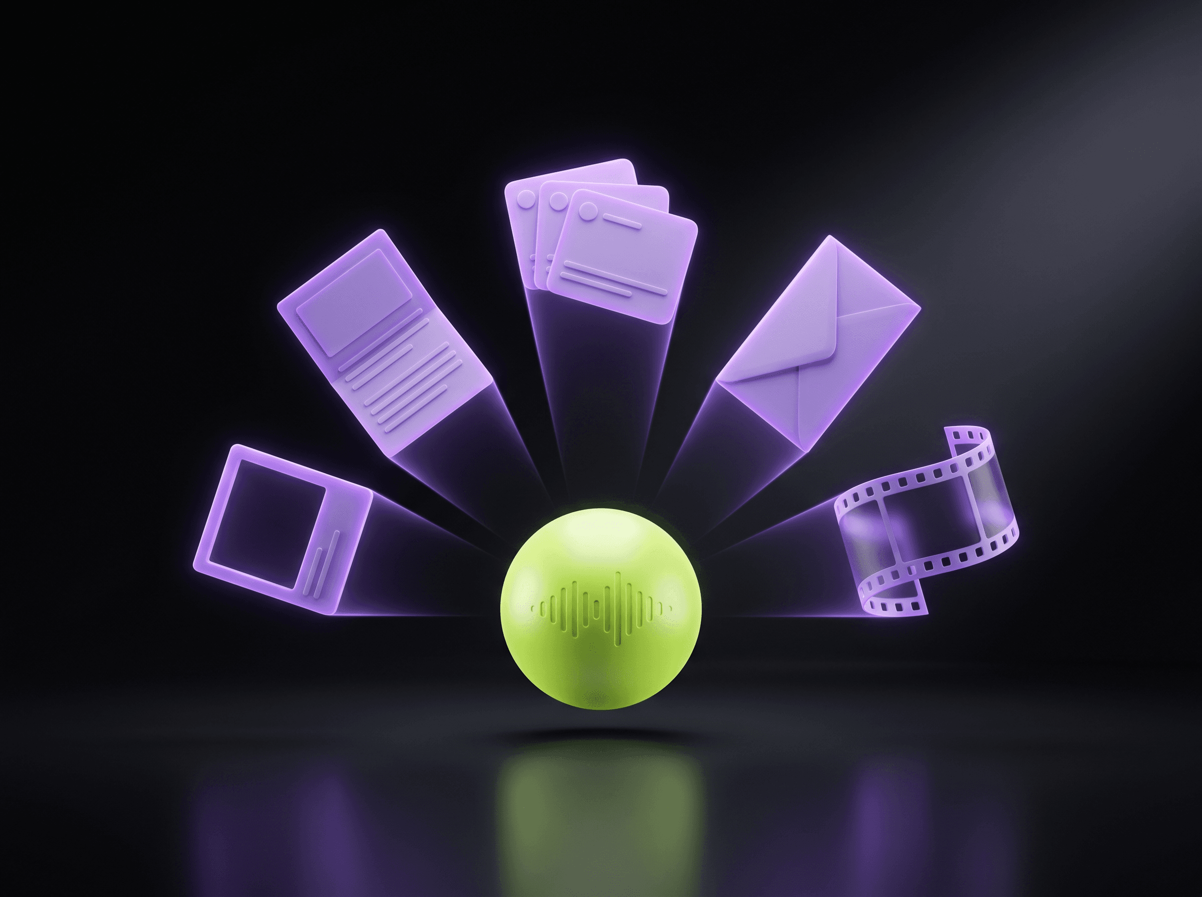 Editorial key visual: a single lime source orb in the center, with five floating violet objects representing blog, threads, newsletter, clip and thumbnail formats fanning out around it.
