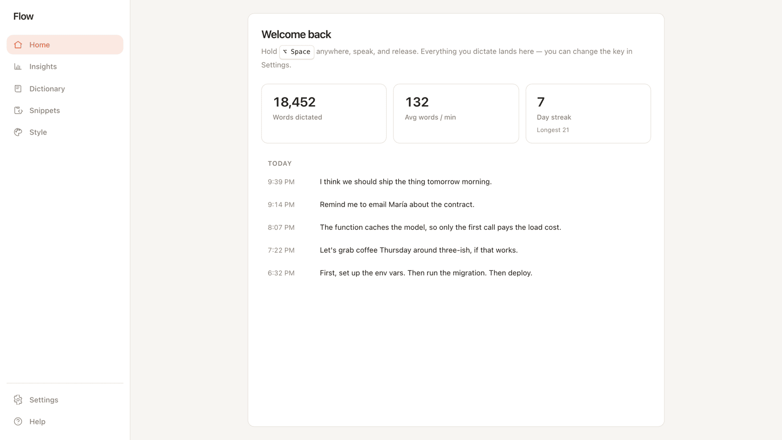 Flow's Home screen: a dictation feed where each raw utterance is rewritten into clean, formatted text, with word-count, words-per-minute and day-streak stats above.
