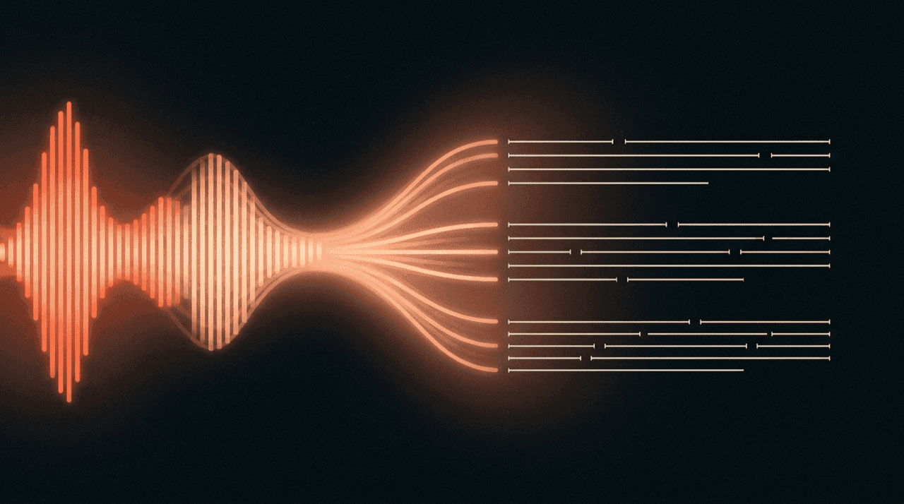 Flow concept key visual: a glowing coral voice waveform on the left resolving into clean, structured lines of formatted text on the right — the metaphor for raw speech becoming written text.