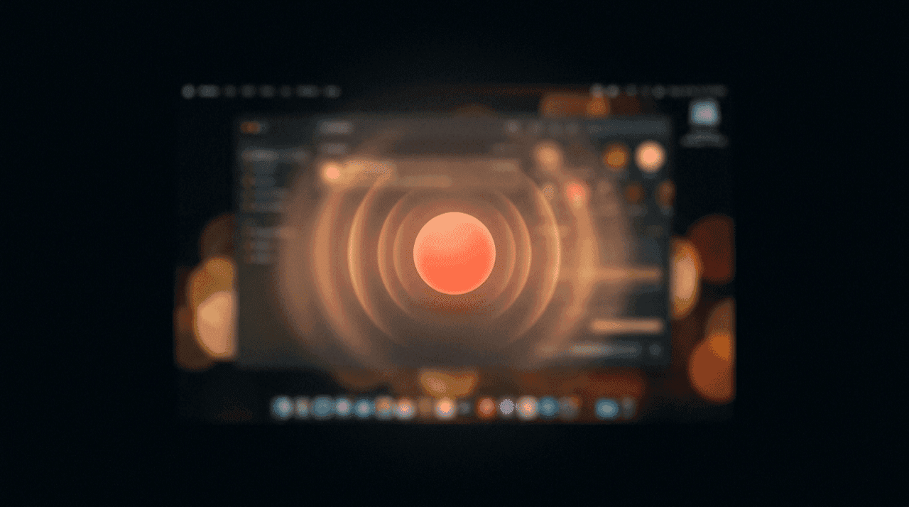 Flow concept: a glowing coral listening orb pulsing over a blurred macOS desktop — Flow injects formatted text into whatever app is focused, anywhere on the system.