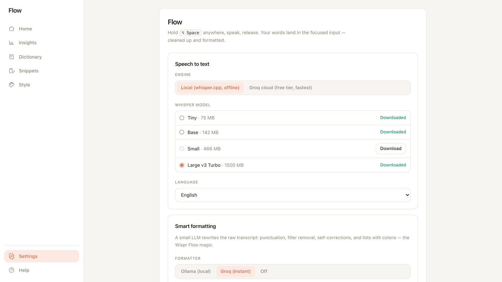 Flow's Settings screen: the speech-to-text engine toggle between local whisper.cpp (offline) and Groq cloud, downloadable Whisper models, and the smart-formatting LLM selector.
