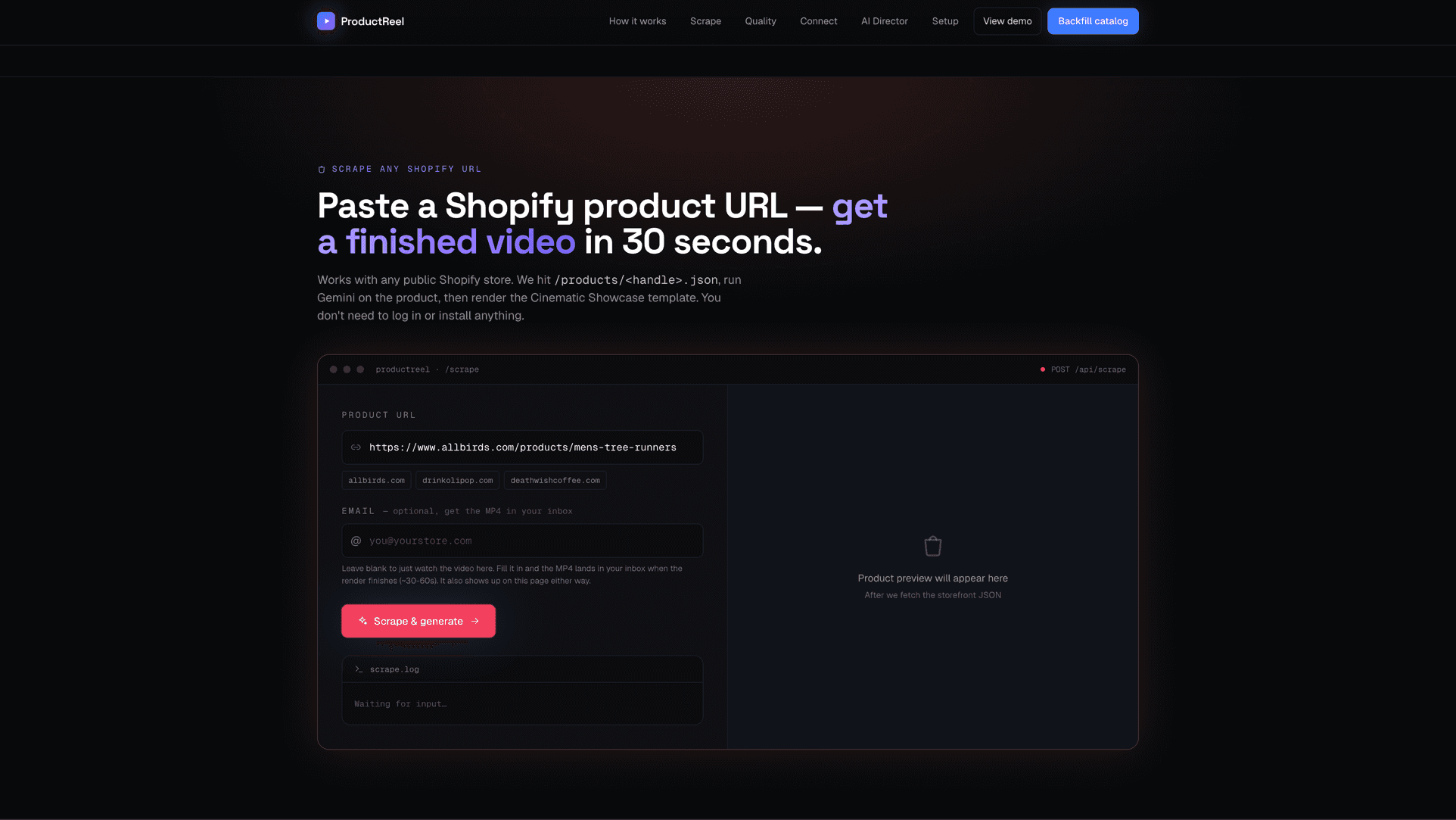 ProductReel scrape interface: a public Shopify product URL field, sample store chips, and a coral 'Scrape & generate' CTA over a dark mockup terminal.